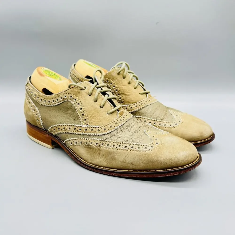 Cole Haan Shoes Mens 9 Beige Green Suede Wingtip Oxford Dress Brogue Rubber Sole